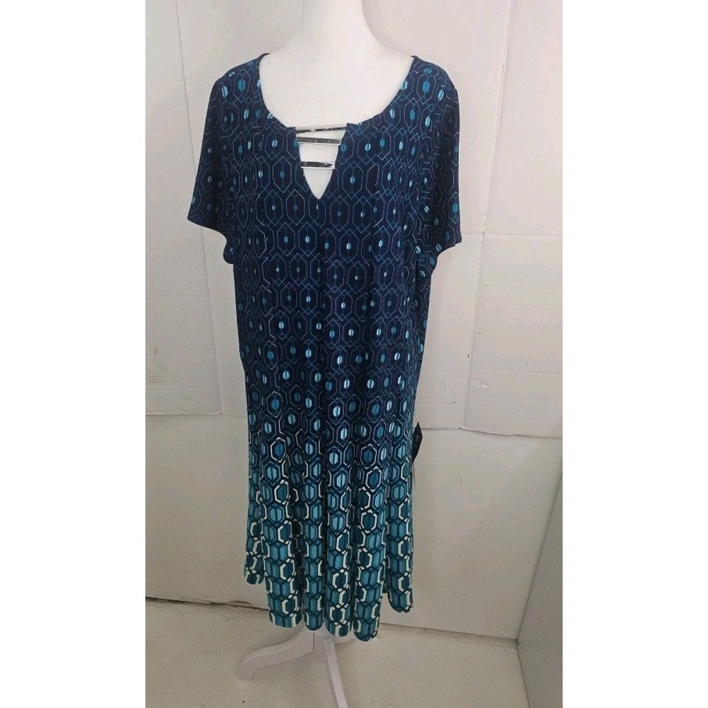 Womens Avenue Blue Teal Geometric Pattern Short Sleeve Dress Size 18-20 NWT'S PS